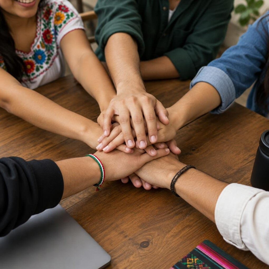 Hands of a team stacked together in unity