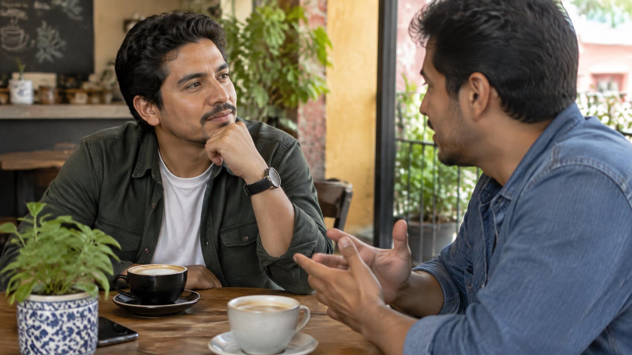 Friends having a relaxed conversation at a table