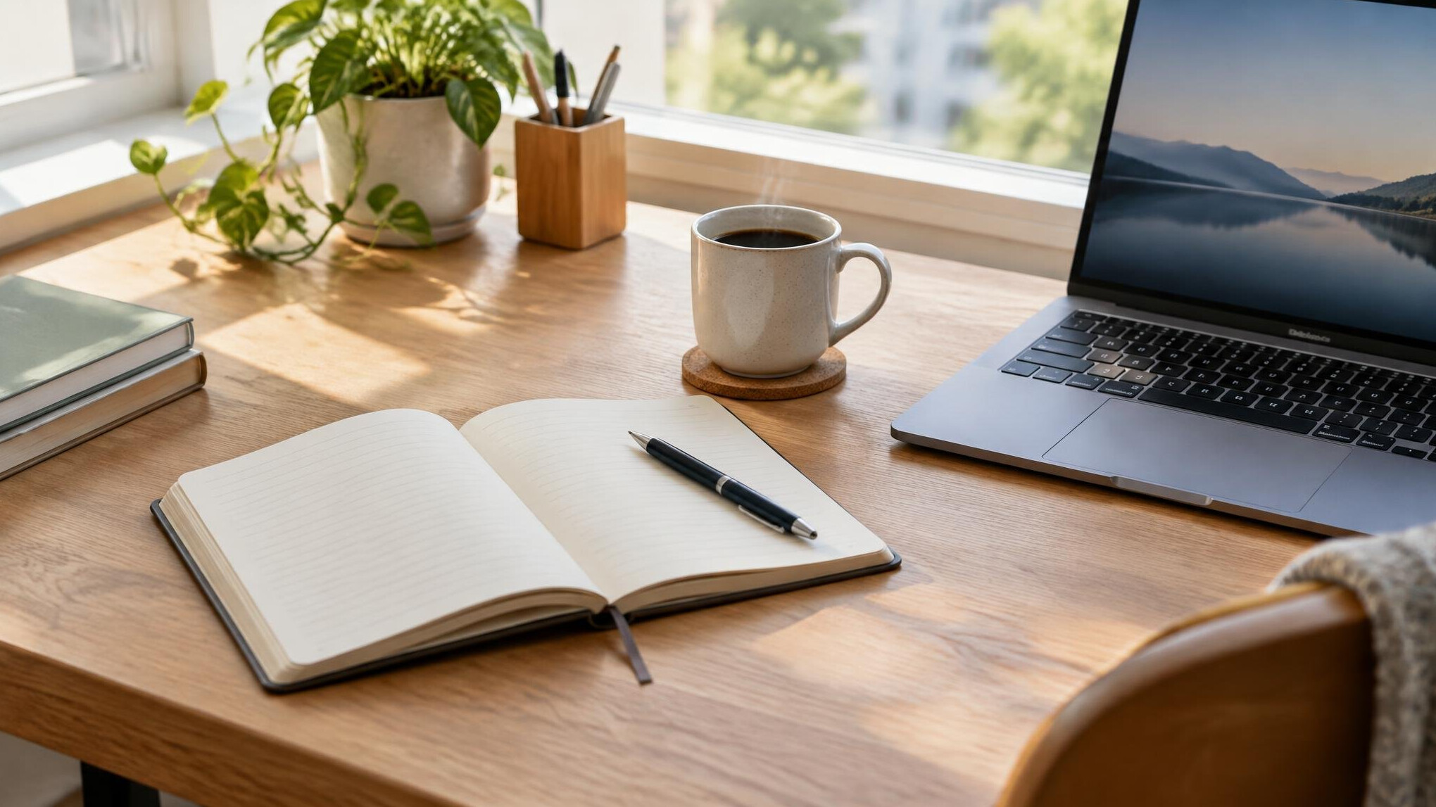 Notebook and coffee on a desk with a laptop