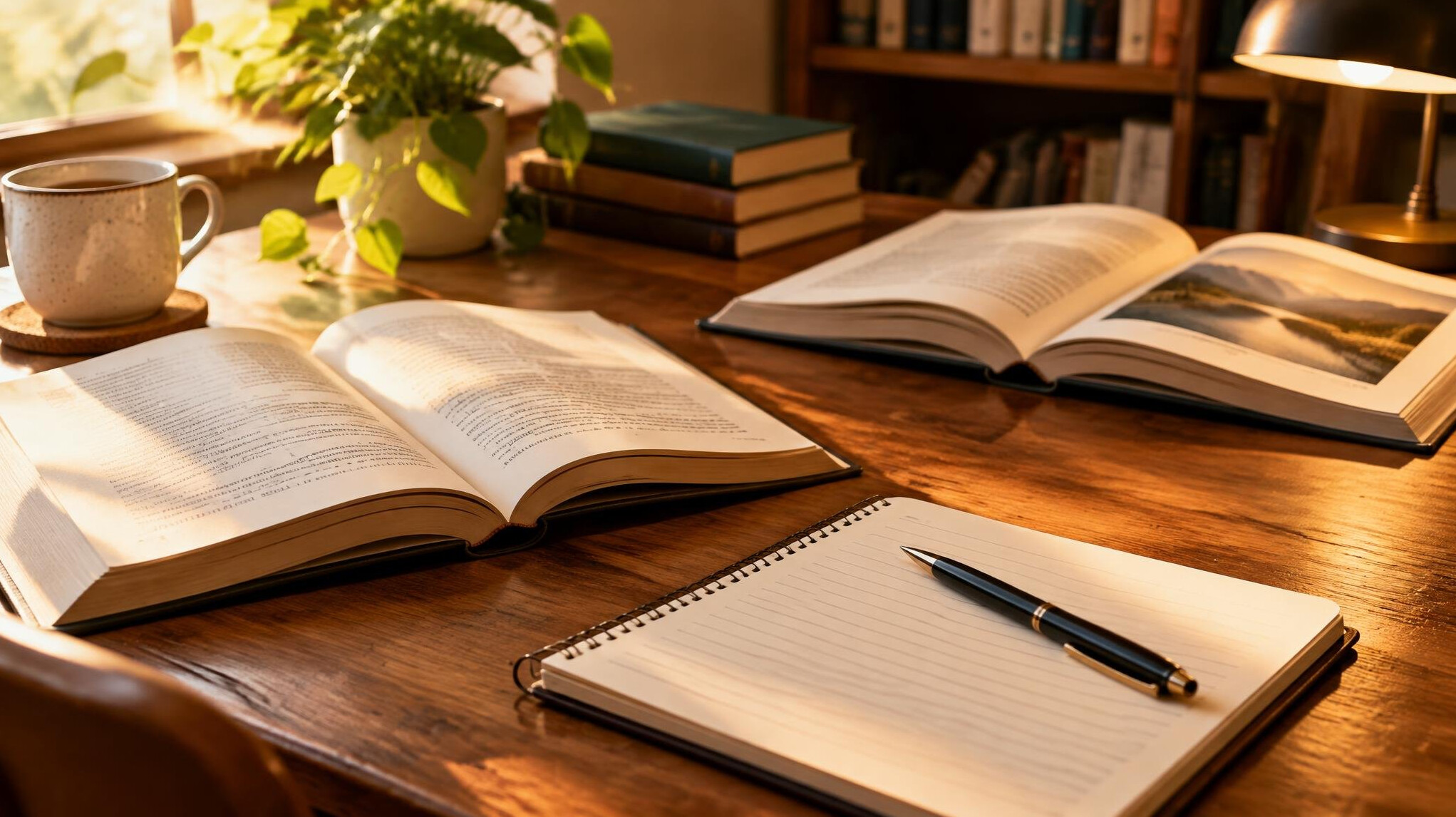 Open books and a notebook on a study table