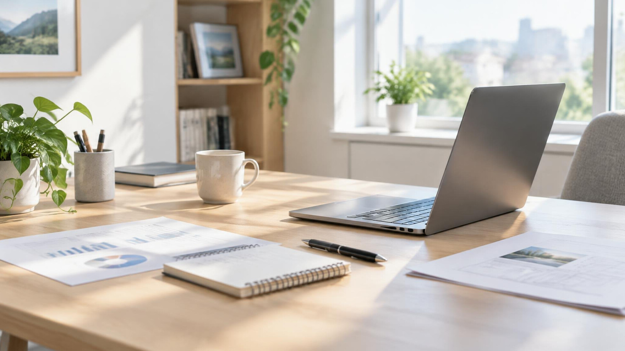 Workspace with documents and a laptop on a desk